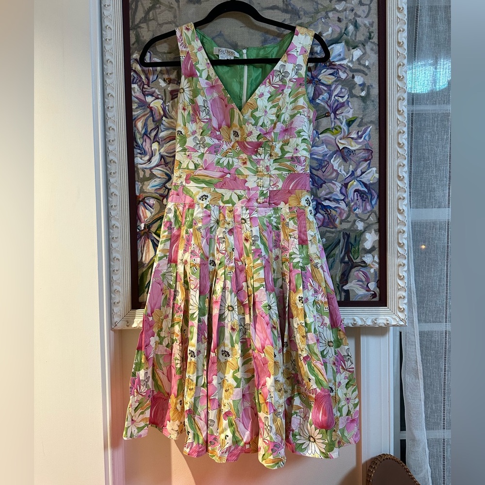 Kay Unger Vintage Fit & Flare Floral Cotton Sleeveless Dress